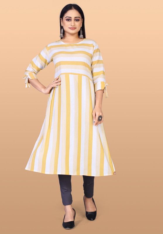 Women Striped Pure Cotton Flared Kurta  (Yellow)
