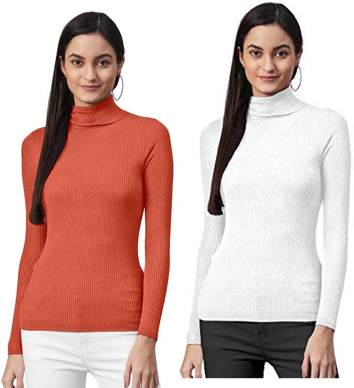 Women Solid Turtle Neck Orange, White Sweater