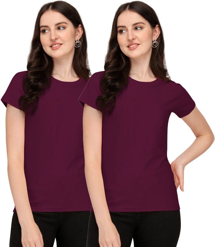 Pack of 2 Women Solid Round Neck Polyester Maroon T-Shirt