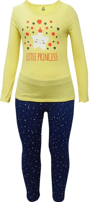 Girls Printed Cotton Blend Kids Nightwear  (Yellow Pack of 1)