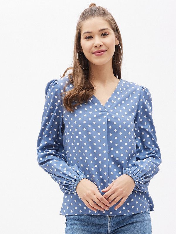 Casual Puff Sleeves Printed Women Grey Top