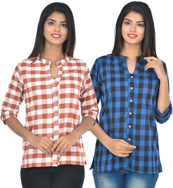 Women Regular Fit Checkered Mandarin Collar Casual Shirt  (Pack of 2)