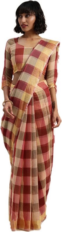 Checkered Bollywood Cotton Blend Saree  (Silver)