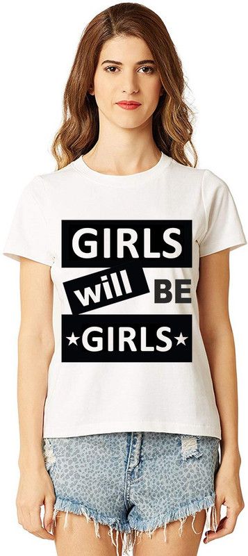 Aseria Womens Cotton Biowash Graphic Printed Half Sleeve T-Shirt - Girls Will Be Girls (White, L) Women Graphic Print Round Neck Cotton Blend White T-Shirt