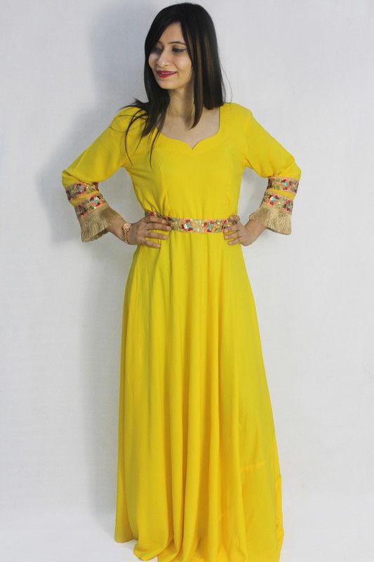 Embroidered Rayon Blend Stitched Flared/A-line Gown  (Yellow)