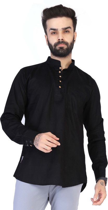 Men Applique Pure Cotton Ethnic Dress  (Black)