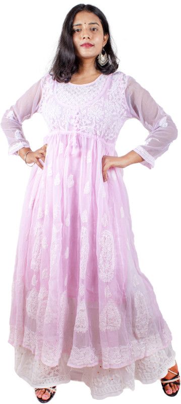 Women Printed Chiffon Flared Kurta  (Pink)