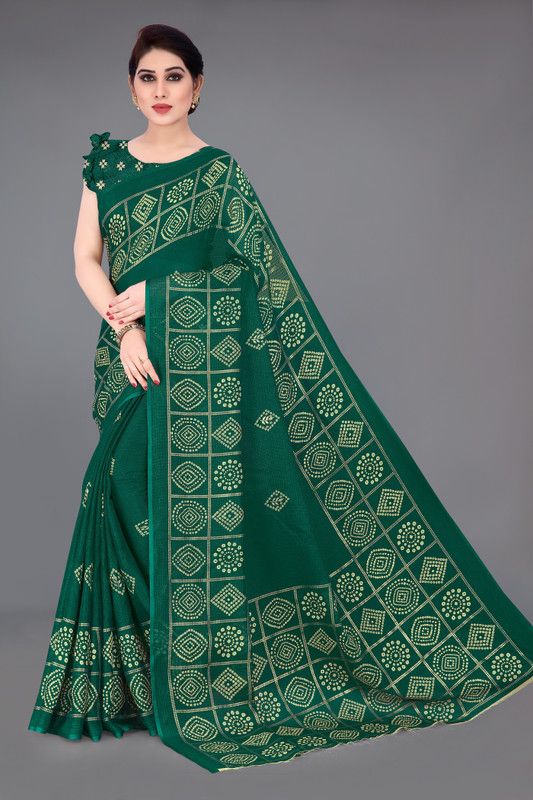 Printed Bandhani Cotton Blend Saree  (Green, Gold)