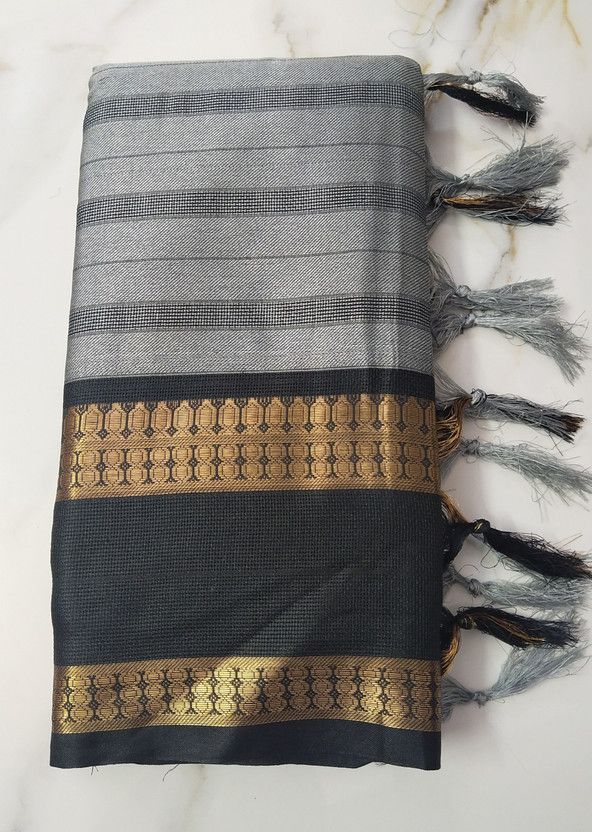 Striped Bollywood Cotton Jute, Art Silk Saree  (Grey)
