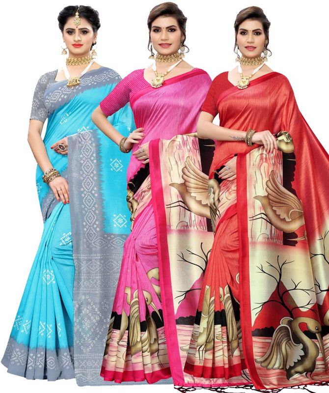 Embellished Patola Art Silk Saree  (Pack of 3, Light Blue, Red, Pink)