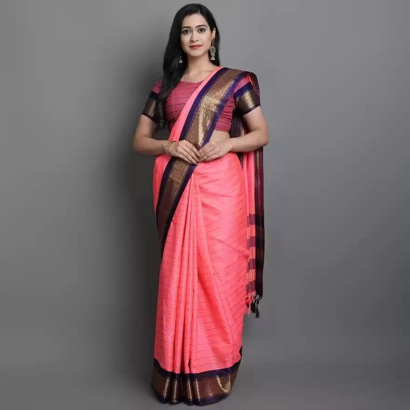 Temple Border, Striped, Woven, Embellished, Checkered Bollywood Pure Cotton Saree  (Pink)