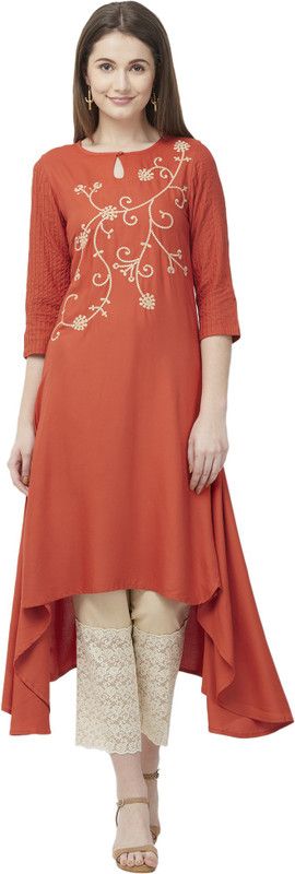Women Embroidered Viscose Rayon High Low Kurta  (Orange)