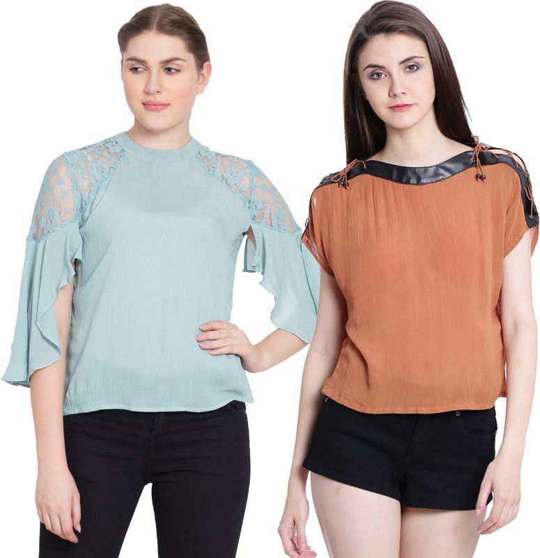 Pack of 2 Casual Ruffled Sleeves Self Design Women Blue, Brown Top