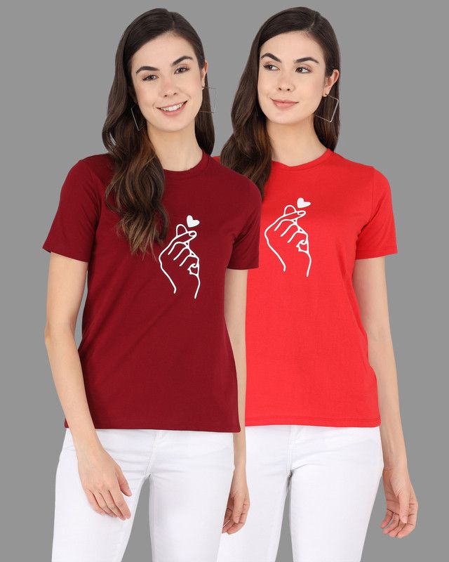 Pack of 2 Women Printed Round Neck Pure Cotton Red, Maroon T-Shirt