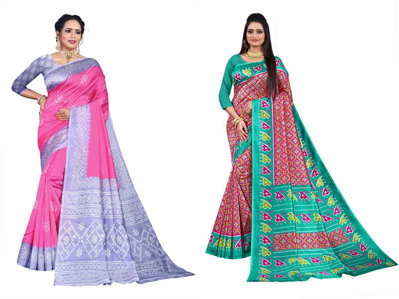 Hand Batik Art Silk Saree  (Pack of 2, Multicolor)