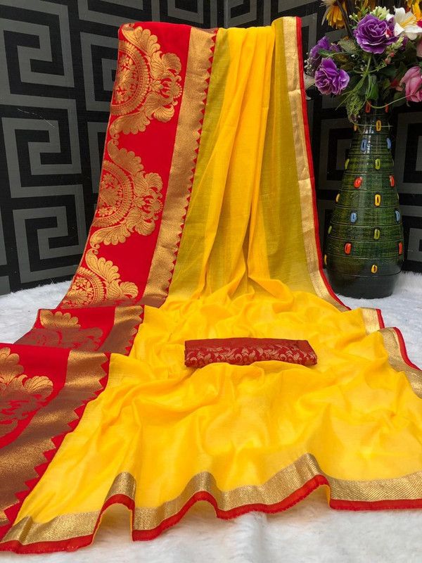 Woven Chanderi Jacquard, Lace Saree  (Yellow)