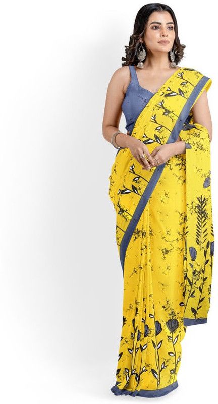 Self Design Hand Batik Pure Cotton Saree  (Yellow)