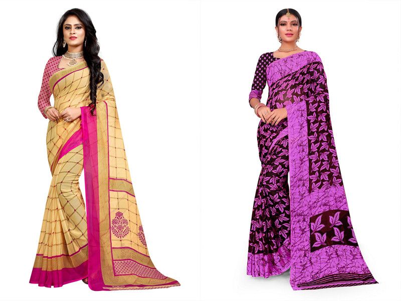Daily Wear Georgette Saree  (Pack of 2, Gold, Pink)