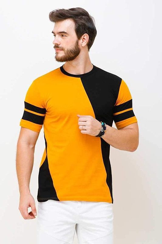 Men Striped Round Neck Cotton Blend Black, Yellow T-Shirt