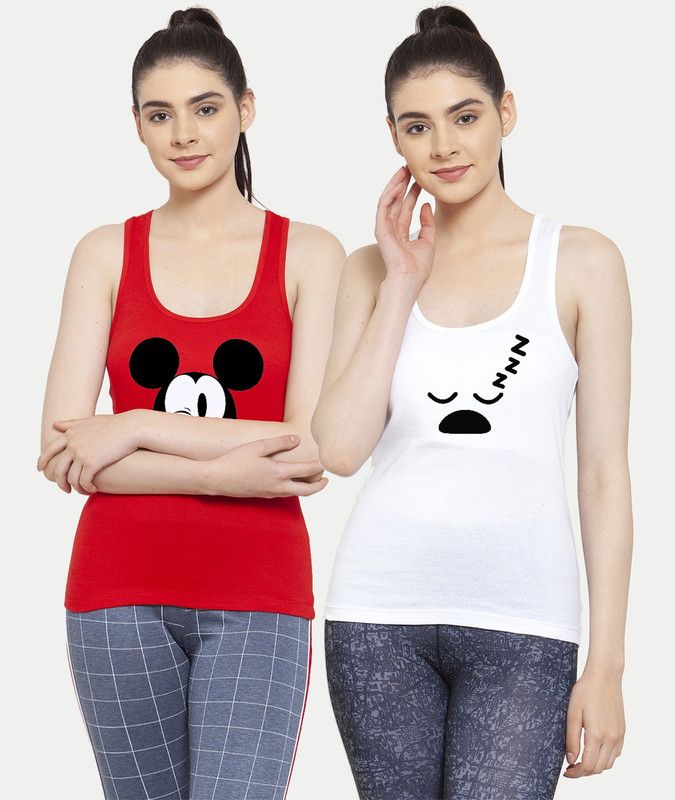 Pack of 2 Women Cartoon Round Neck Pure Cotton Red, White T-Shirt