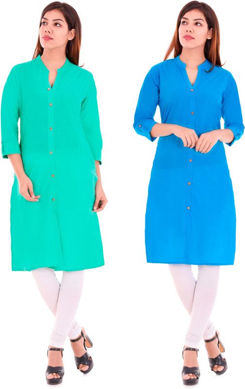 Pack of 2 Women Solid Pure Cotton Frontslit Kurta  (Light Blue, Light Green)
