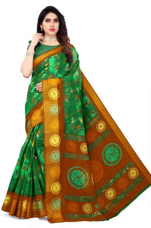 Hand Batik Cotton Blend Saree  (Green)