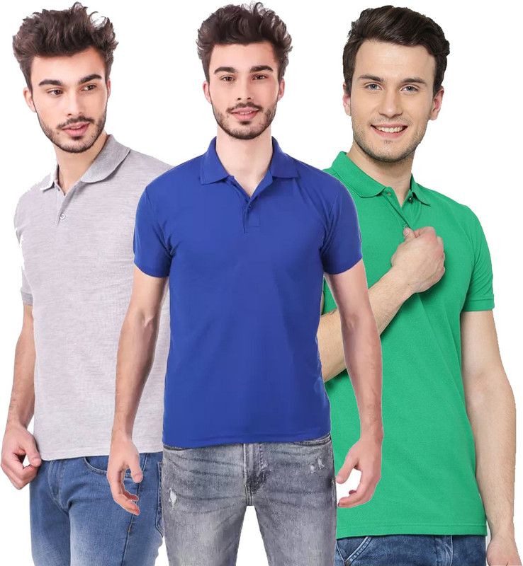 Pack of 3 Men Self Design, Solid Polo Neck Poly Cotton Green, Blue, Grey T-Shirt