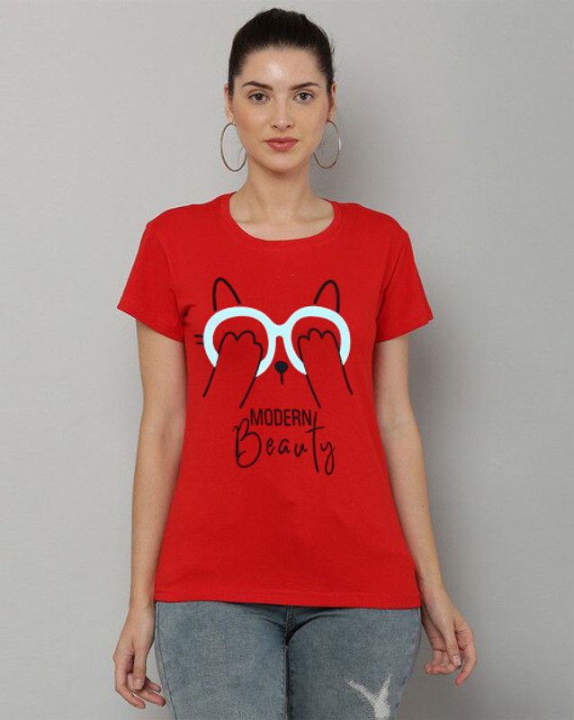 Women Printed Round Neck Cotton Blend Multicolor, Red T-Shirt