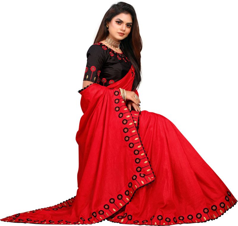 Embroidered Bollywood Pure Cotton Saree  (Red)