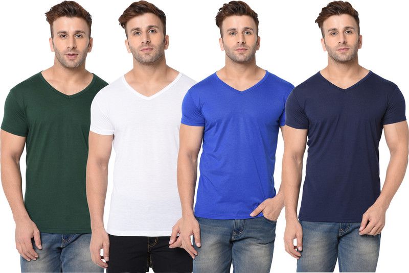 Pack of 4 Men Solid V Neck Cotton Blend White, Green, Blue T-Shirt