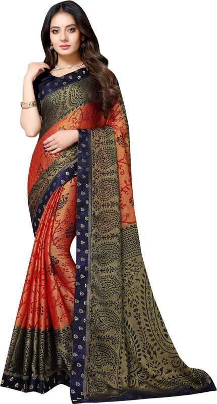 Printed Bollywood Chiffon, Brasso Saree  (Red)