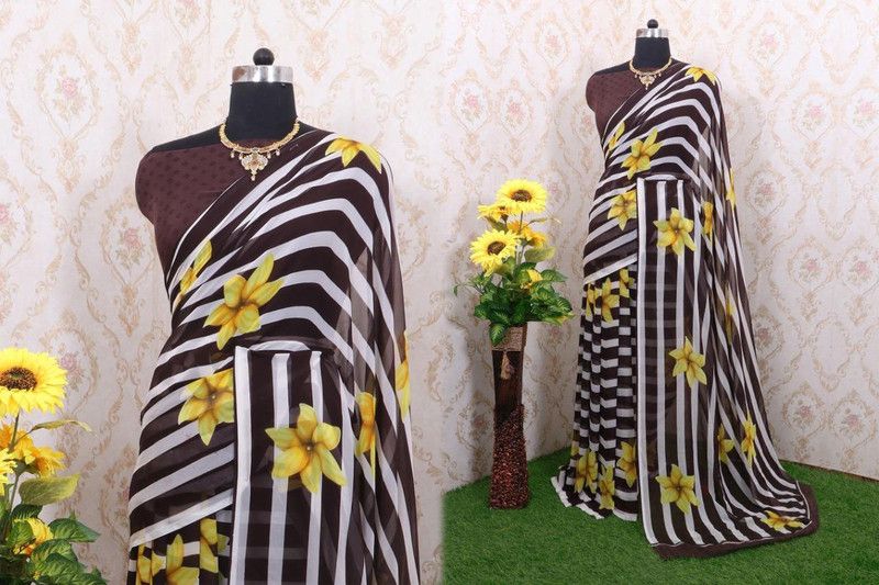 Floral Print Bollywood Georgette Saree  (Black, White)