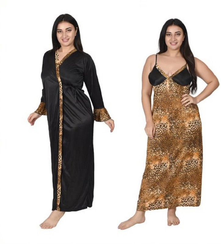Women Nighty with Robe  (Black, Orange)