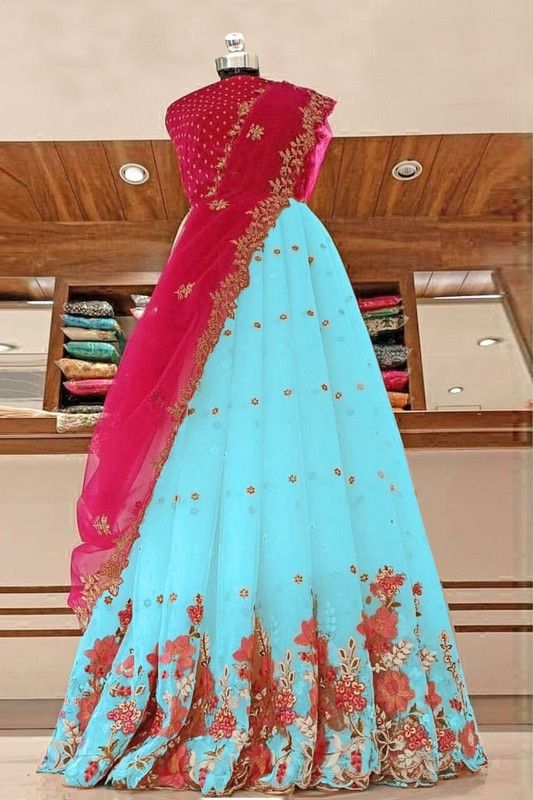 Semi Stitched Lehenga Choli  (Blue, Pink)