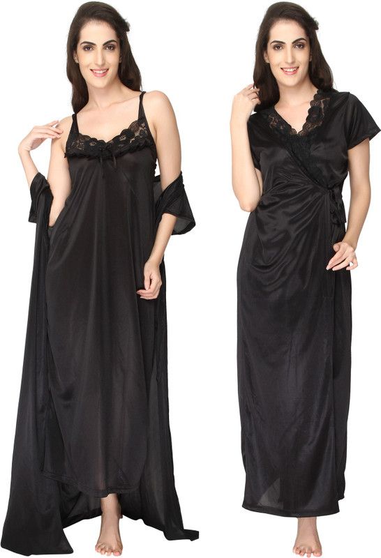 Women Nighty with Robe  (Black)