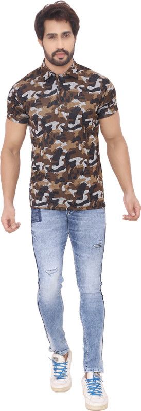 Men Military Camouflage Polo Neck Polyester Multicolor T-Shirt