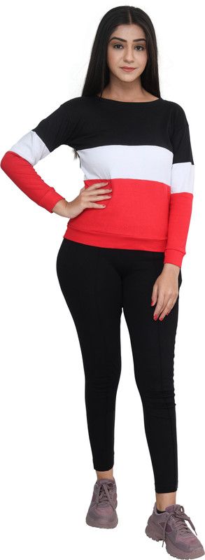 Women Color Block Round Neck Cotton Blend Red, Black T-Shirt