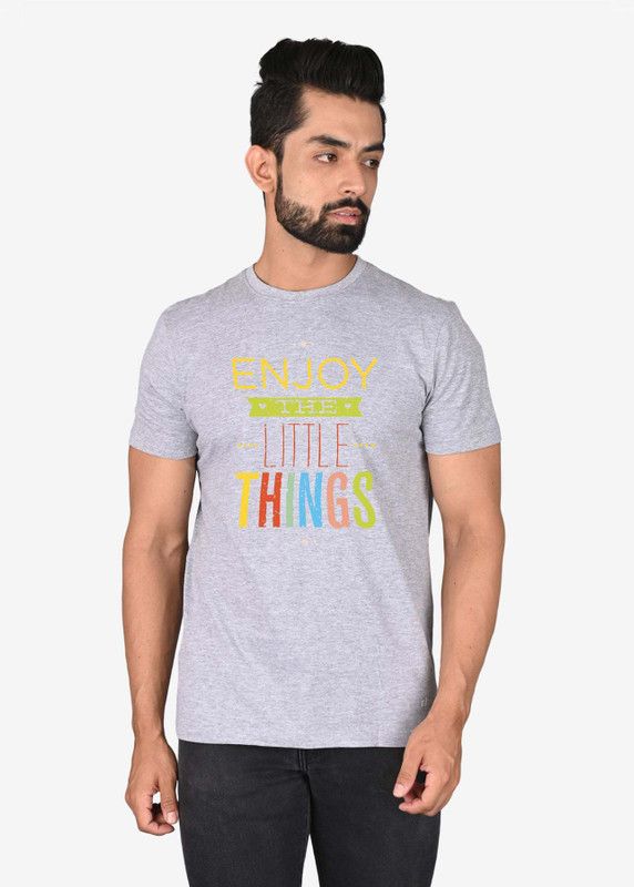 Men Typography Round Neck Pure Cotton Grey T-Shirt