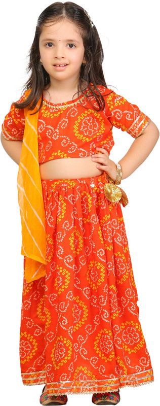 Girls Lehenga Choli Ethnic Wear Printed Lehenga, Choli and Dupatta Set  (Orange, Pack of 1)