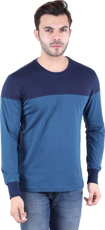 Men Self Design Round Neck Pure Cotton Dark Blue, Light Blue T-Shirt