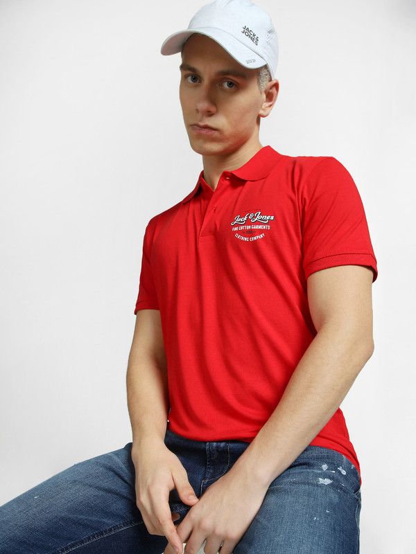Men Printed Polo Neck Cotton Blend Red T-Shirt