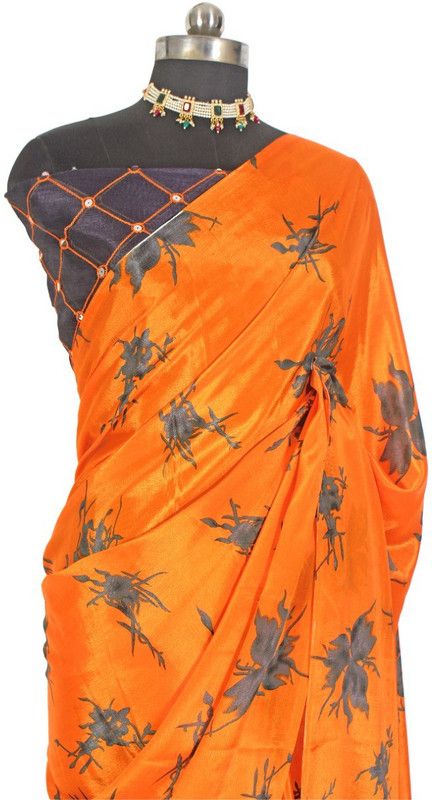 Printed Daily Wear Silk Blend Saree  (Orange)