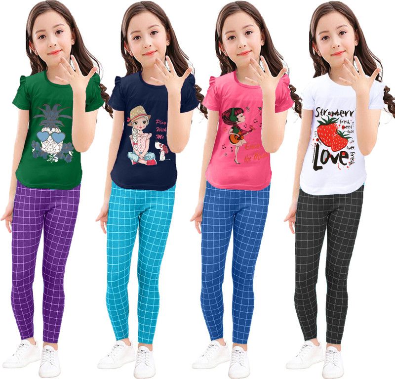 Girls Casual T-shirt Jegging  (Multicolor)