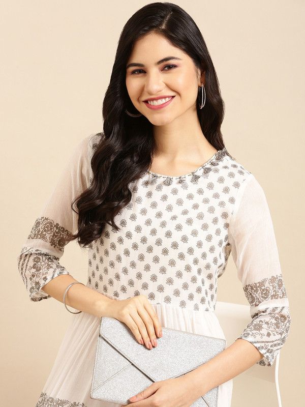 Women Printed Cotton Blend A-line Kurta  (White)