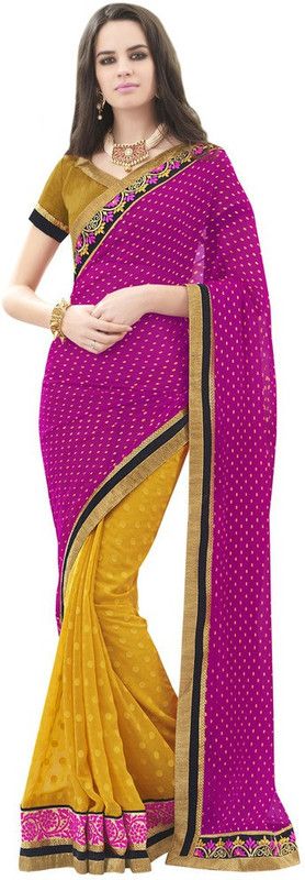 Embroidered Bollywood Georgette, Cotton Blend Saree  (Pink, Yellow)