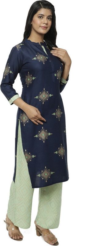 Women Printed Cotton Rayon Straight Kurta  (Dark Blue, Gold, Green)