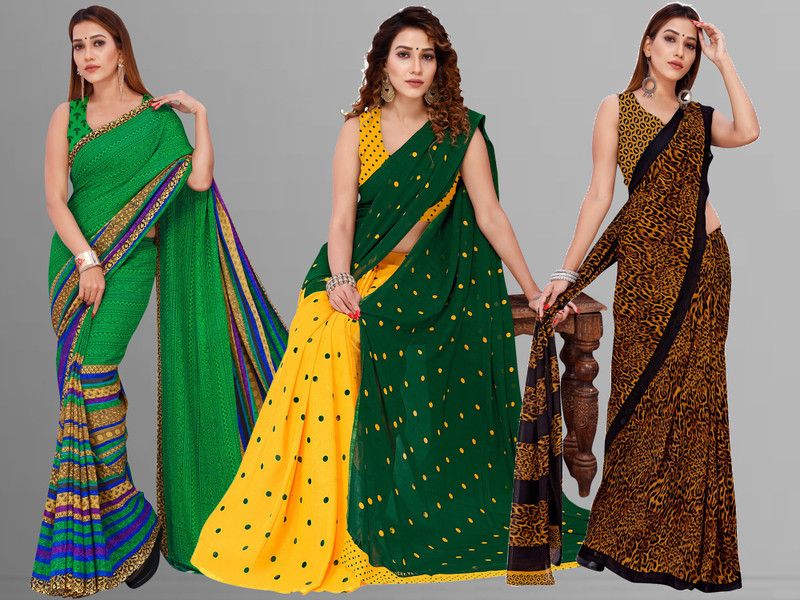 Printed Daily Wear Georgette Saree  (Pack of 3, Green, Green, Yellow, Multicolor)