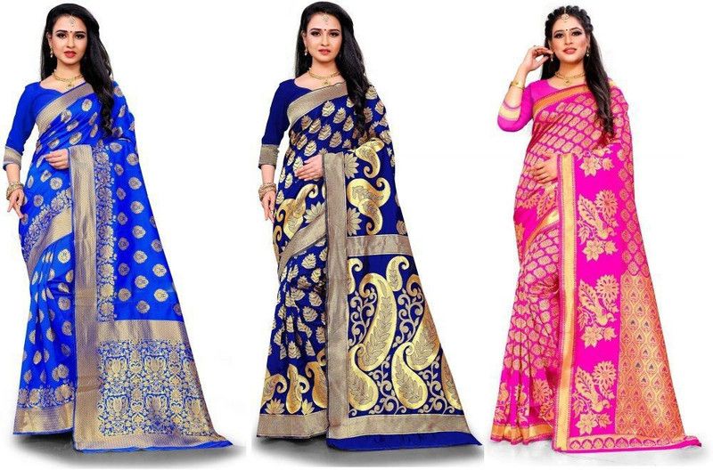 Woven Banarasi Jacquard Saree  (Pack of 3, Multicolor)