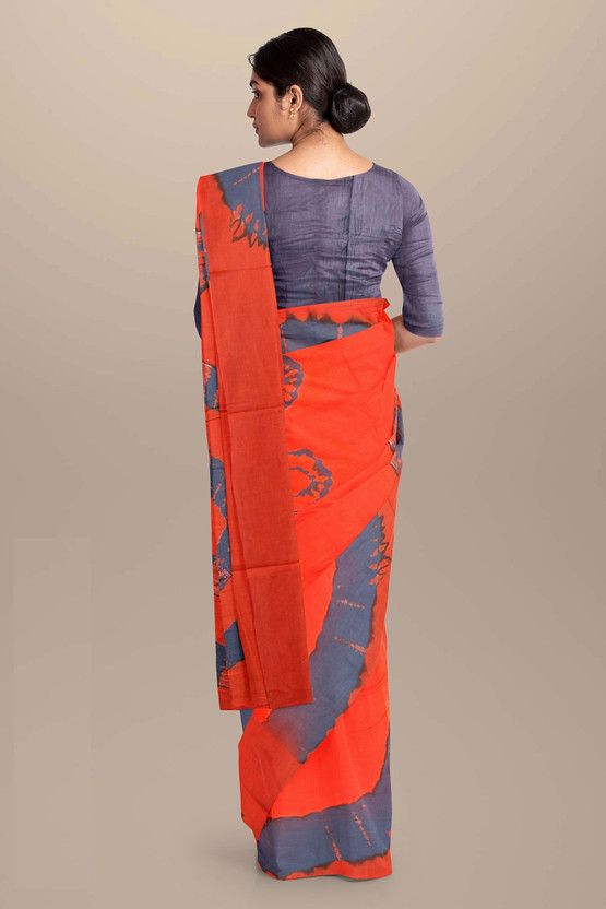 Blocked Printed, Color Block, Dyed, Floral Print, Printed Daily Wear Pure Cotton Saree  (Orange, Grey)