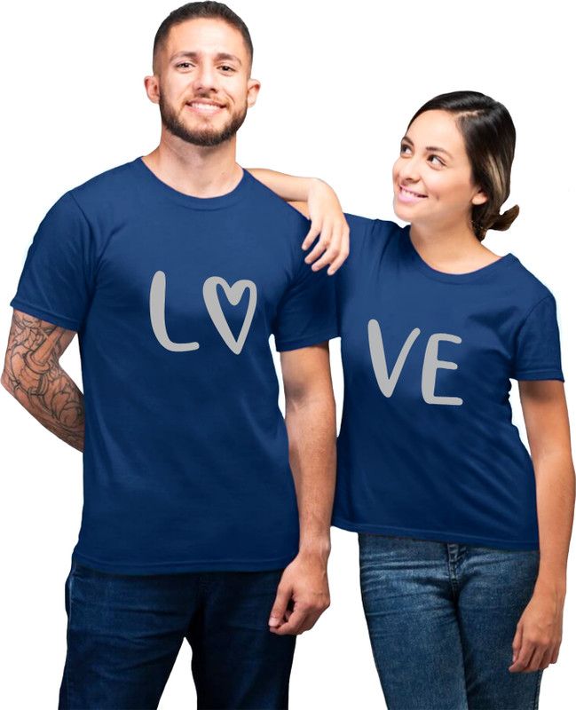 Pack of 2 Couple Typography Round Neck Poly Cotton Blue T-Shirt